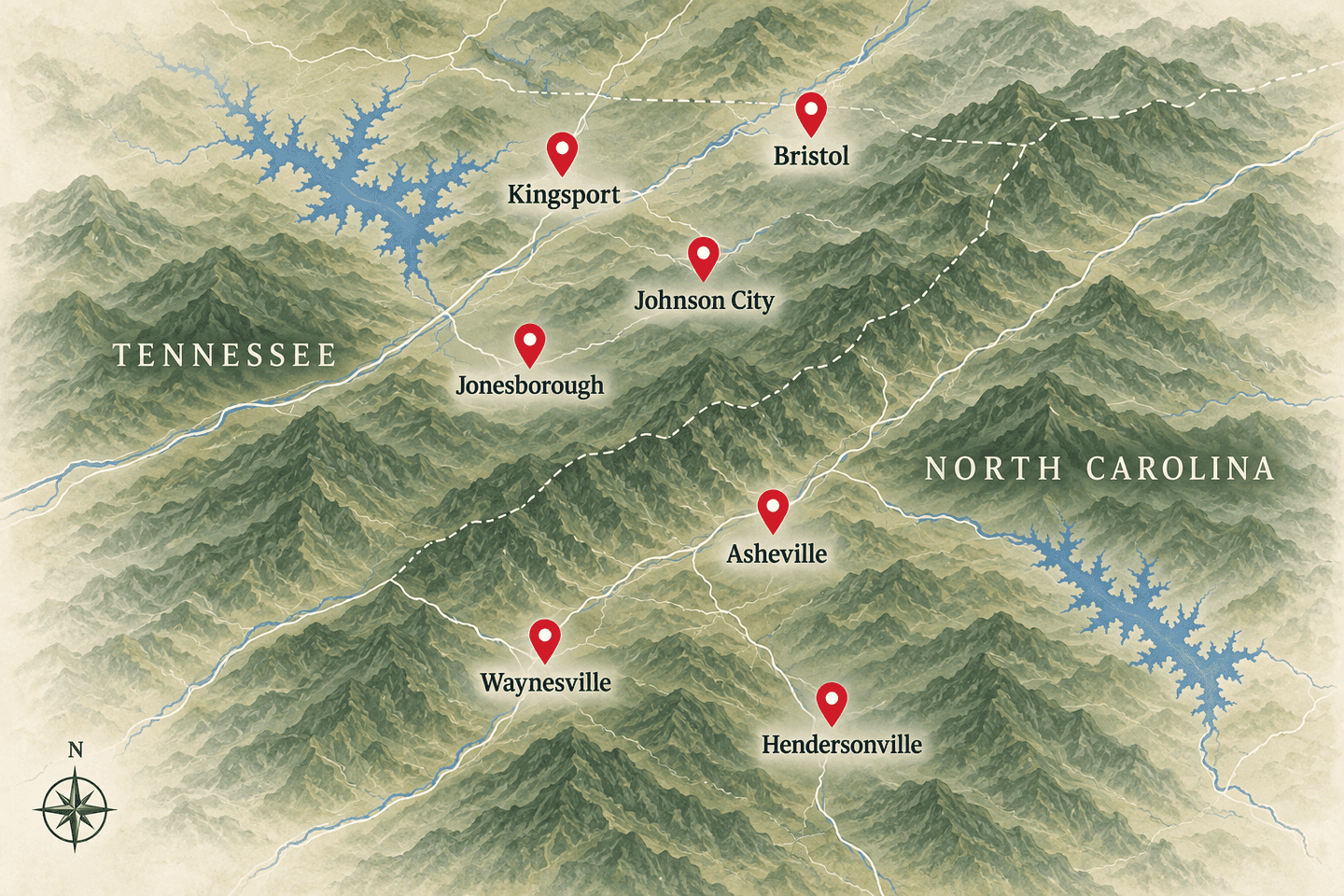 Illustrated service-area map: Kingsport, Bristol, Johnson City and Jonesborough in Northeast Tennessee; Asheville, Waynesville and Hendersonville in Western North Carolina